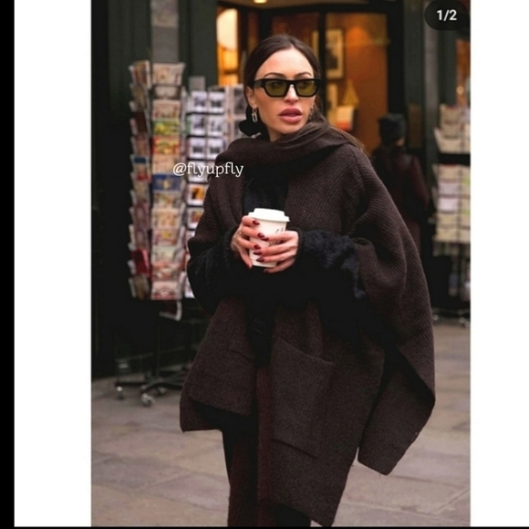ZARA Cardigan Coat Cape Scarf Brown size S and M - Picture 3 of 16